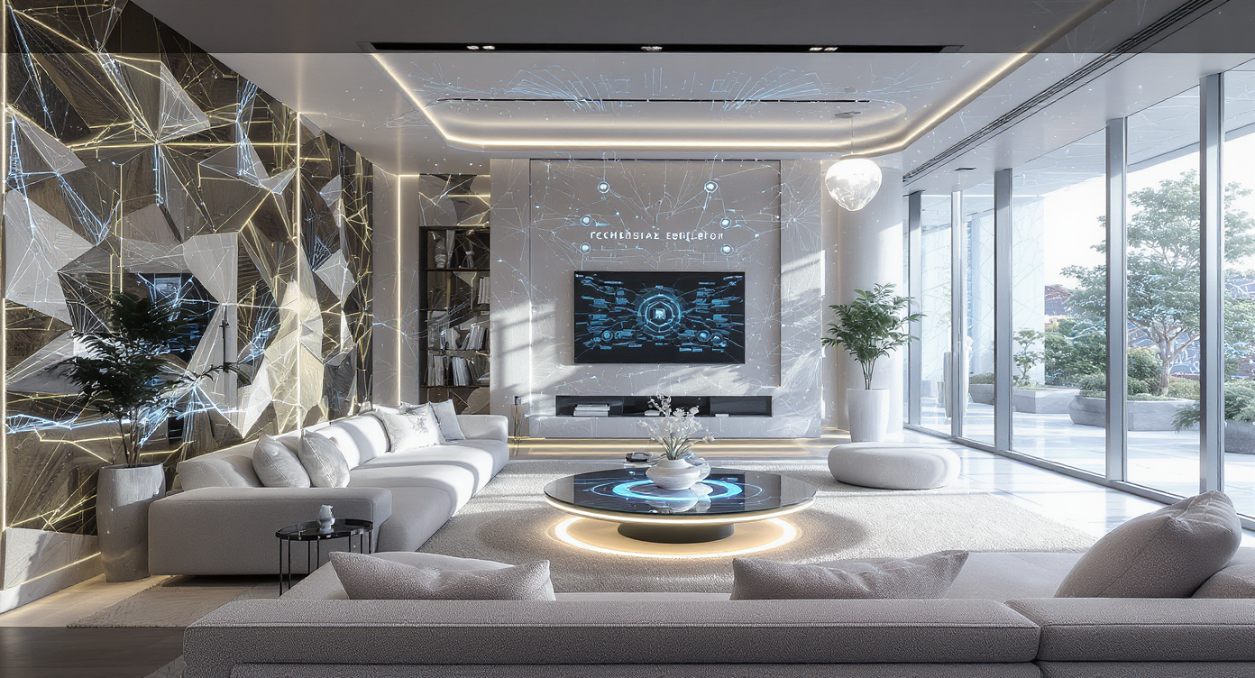 Futuristic living room with smart technology, natural light, and modern furniture incorporating innovative design elements.