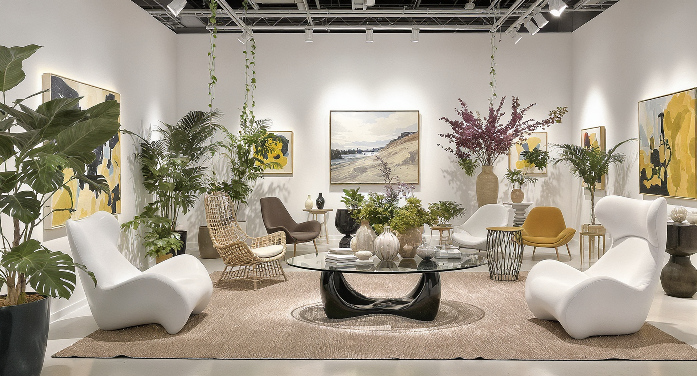 Showroom with sculptural furniture pieces that double as art, showcased against a clean backdrop with soft lighting and greenery.