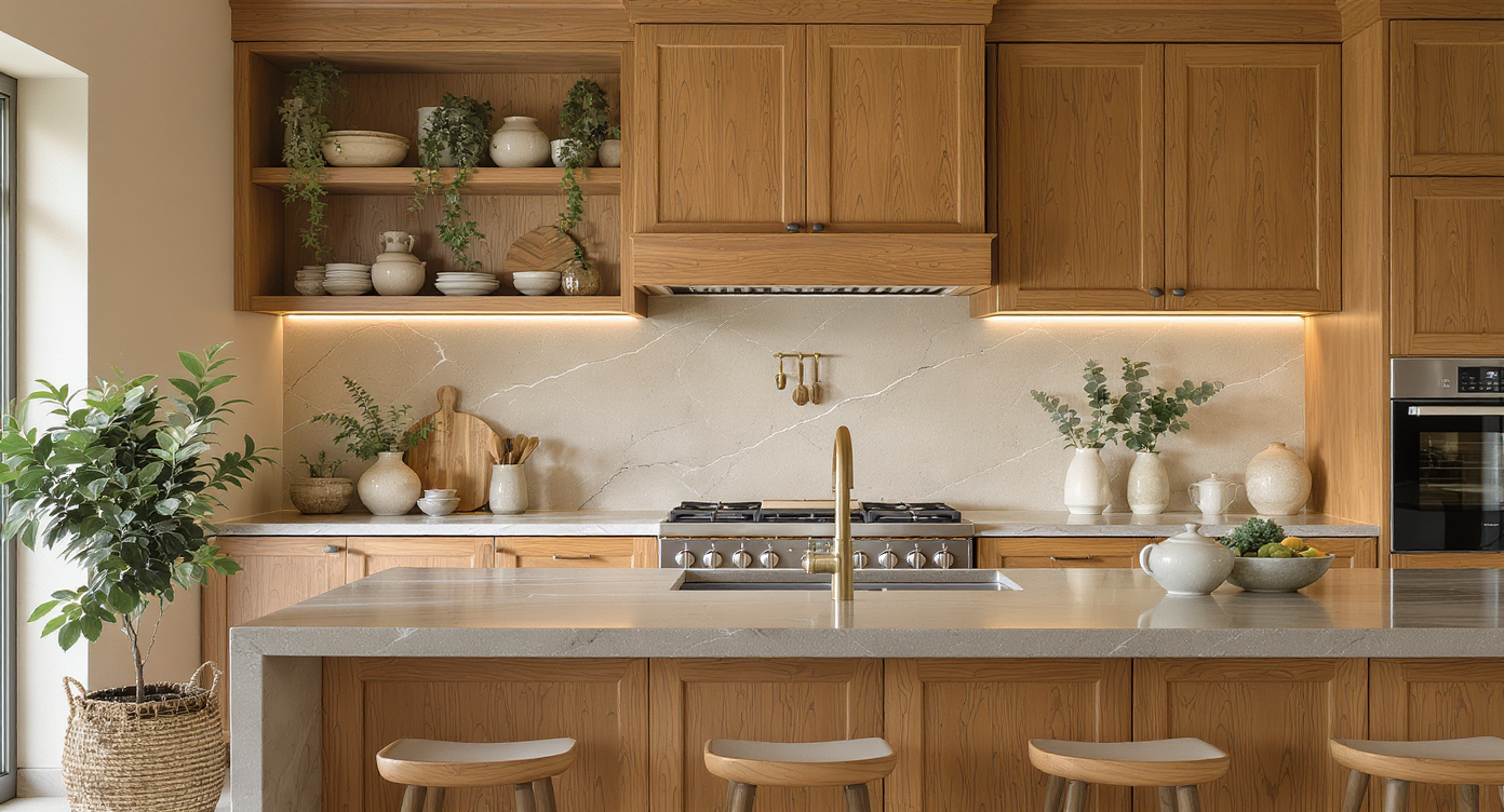 Elegant kitchen with organic materials featuring wooden cabinetry and stone countertops enhanced by soft lighting and greenery.