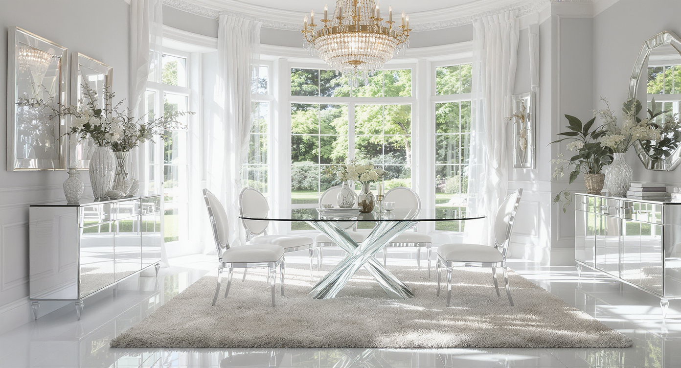 Chic dining area with a glass table and crystal elements, beautifully illuminated by natural light from large windows.