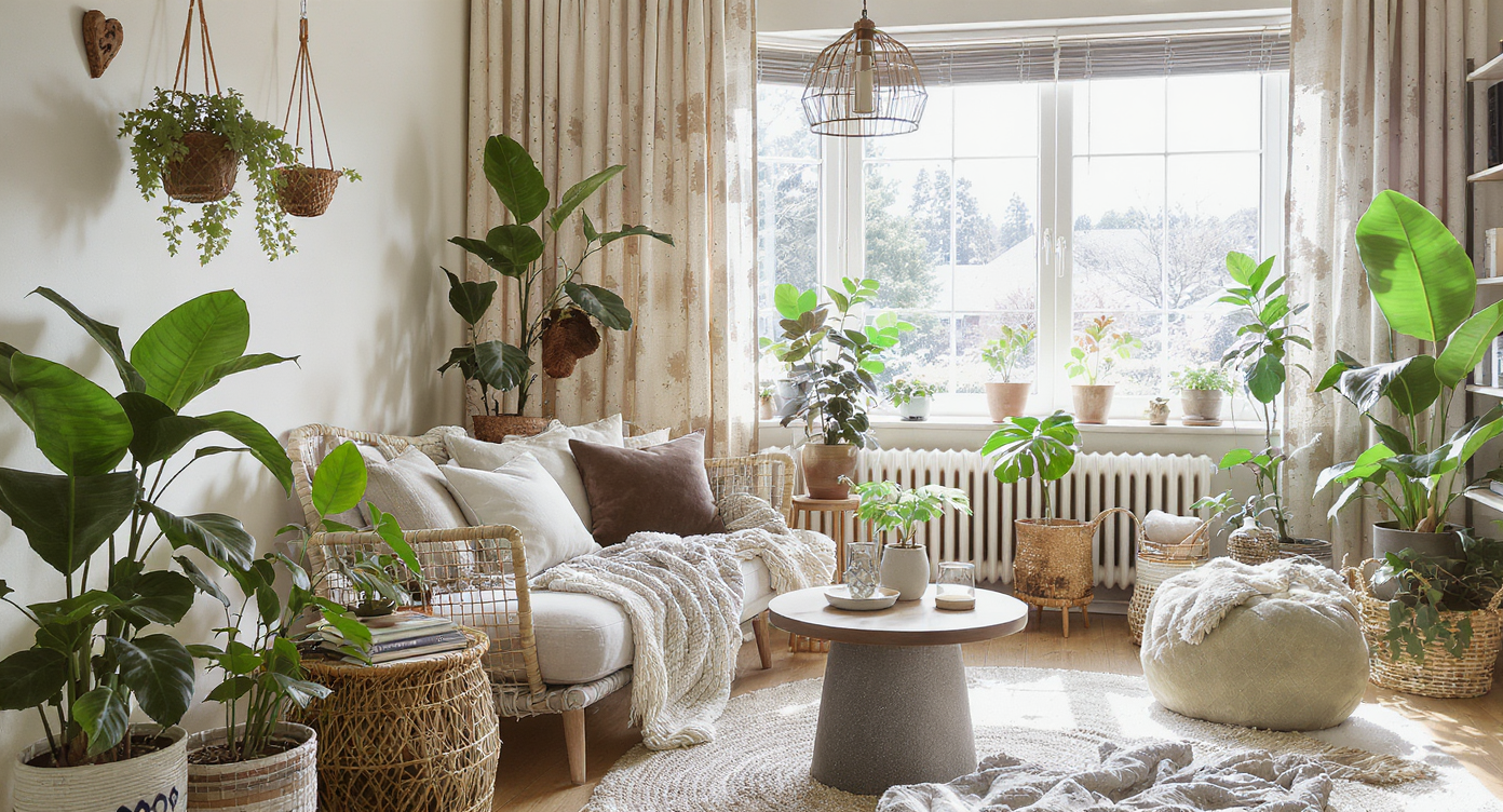 Inviting interior with a reading nook showcasing modern and sustainable design elements, bright and airy space.