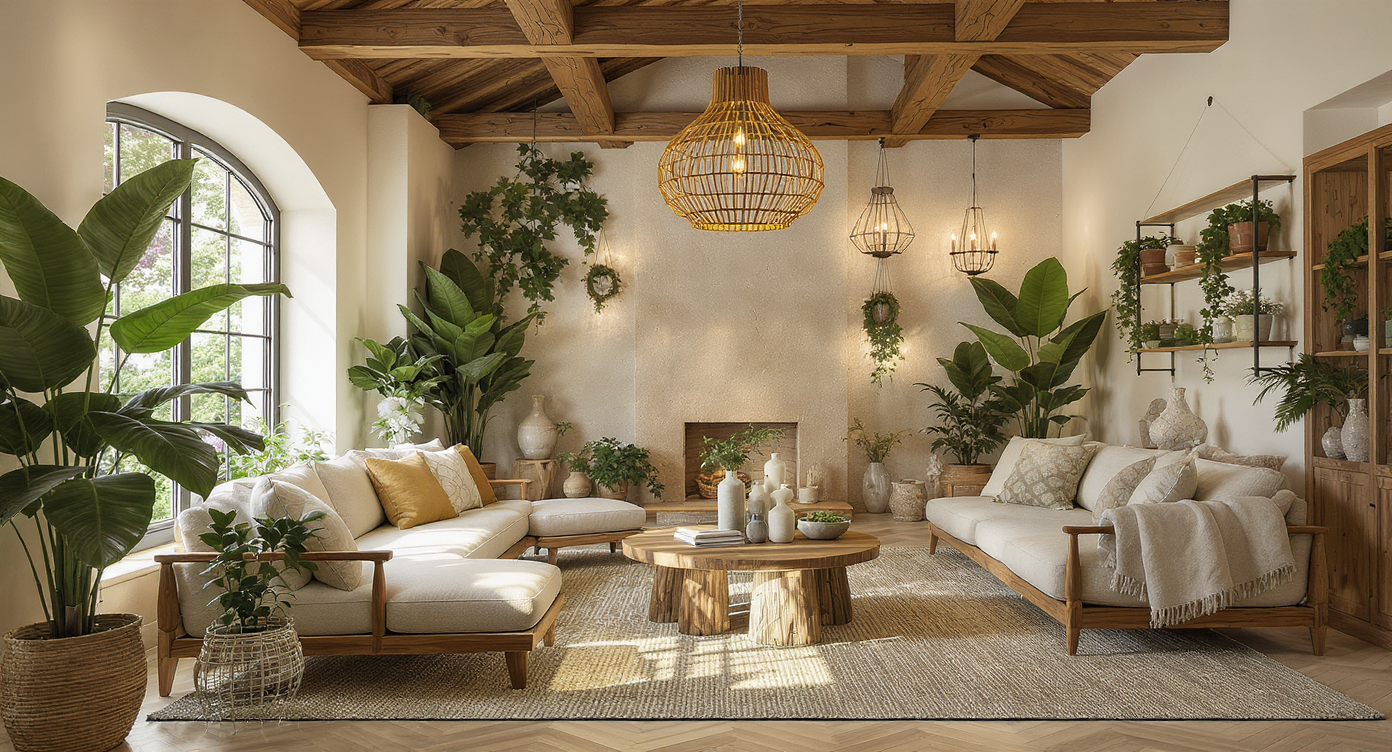 Sustainable interior design with reclaimed materials, energy-efficient lighting, and lush greenery creating a warm atmosphere.