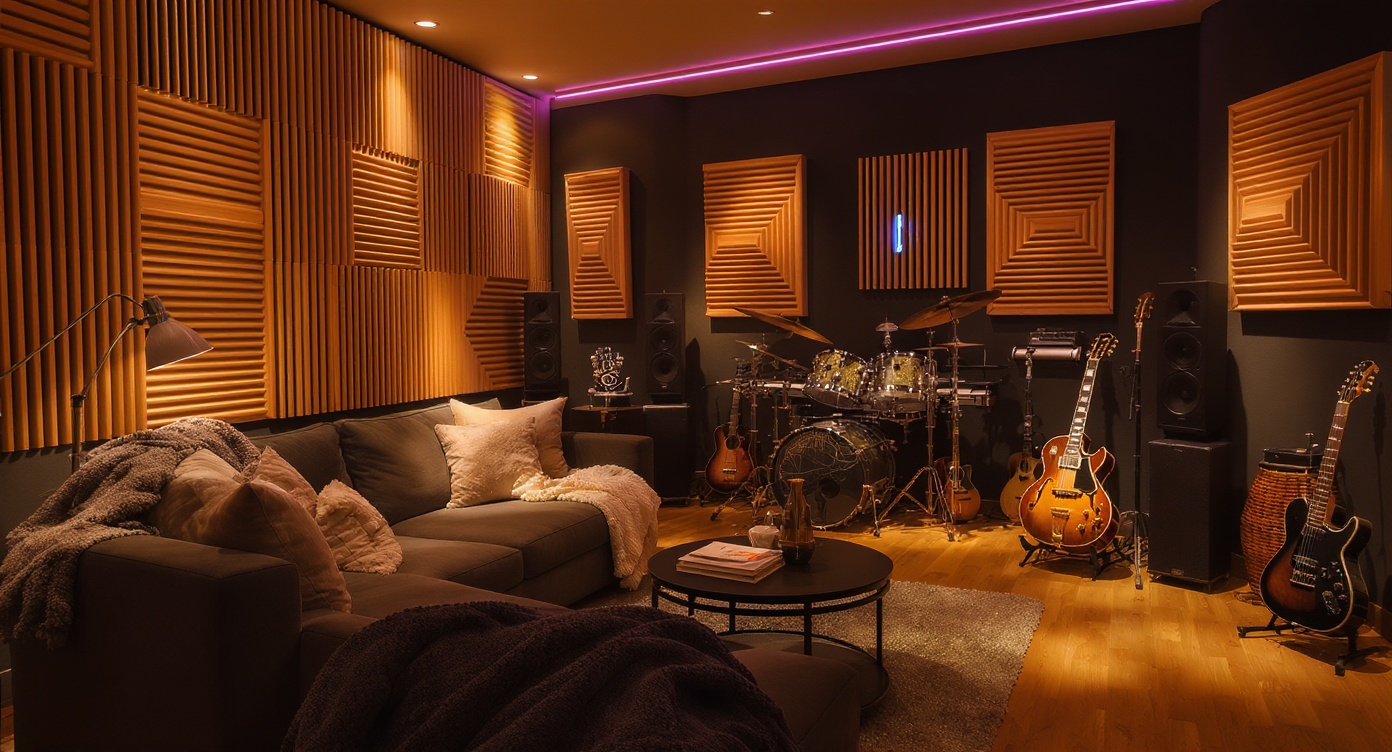 A serene music lover's paradise with comfortable seating, acoustic panels, and displayed instruments for a musical retreat.