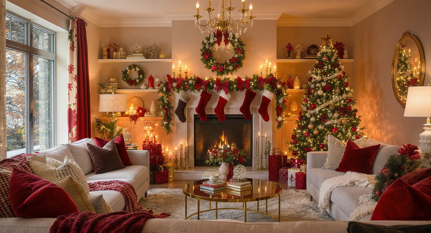 A cozy living room decorated for the holidays, featuring a Christmas tree and fireplace with stockings.