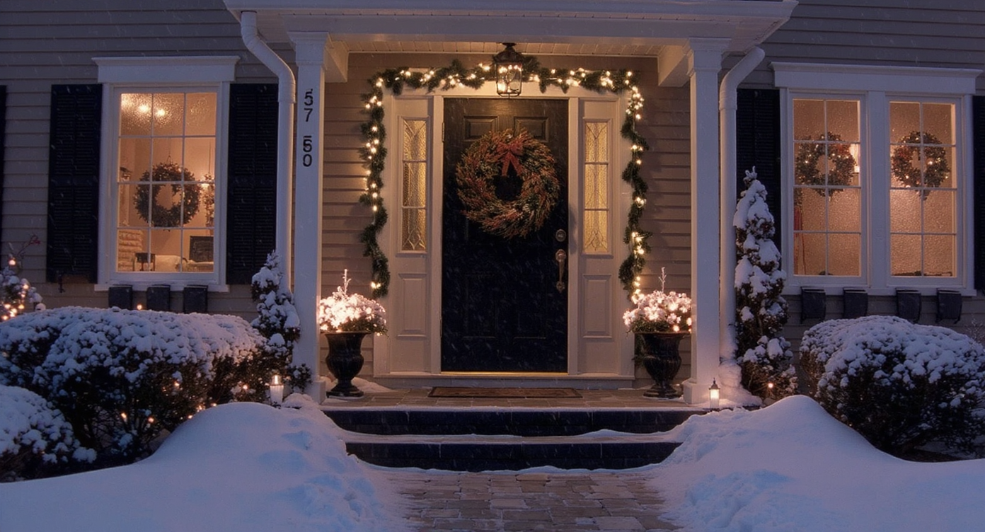 A holiday-decorated entryway with a festive wreath and outdoor lights on a snowy day.
