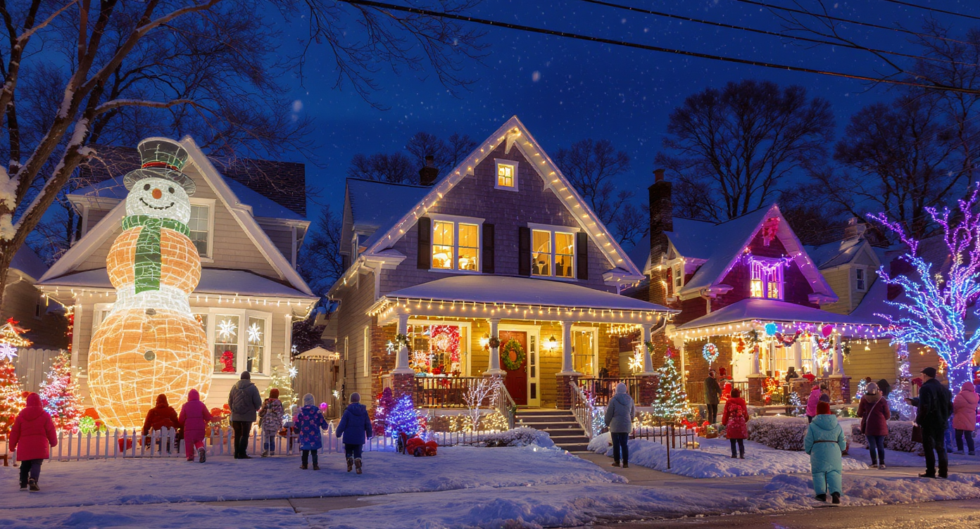 A neighborhood decorated for a home contest, featuring diverse holiday decorations and engaged community members.