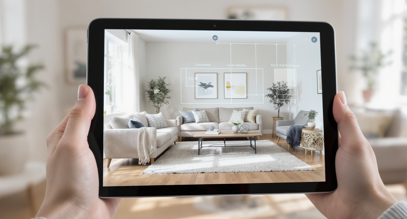 Homeowner using tablet displaying AI-generated furniture swaps in a bright, minimalist living room with neutral tones.