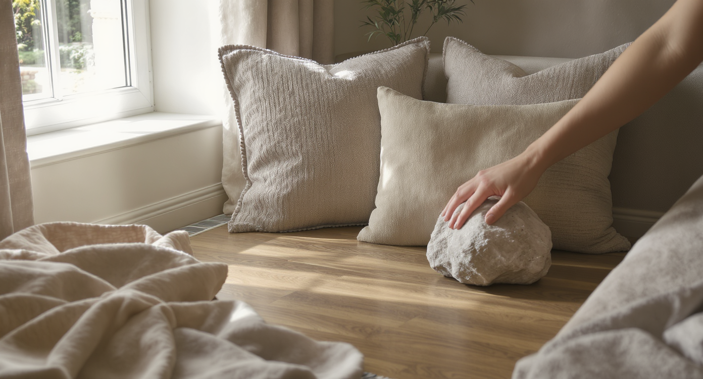 Well-styled living room corner with repeated wood, textile, and stone textures under natural daylight and a designer touching decor.