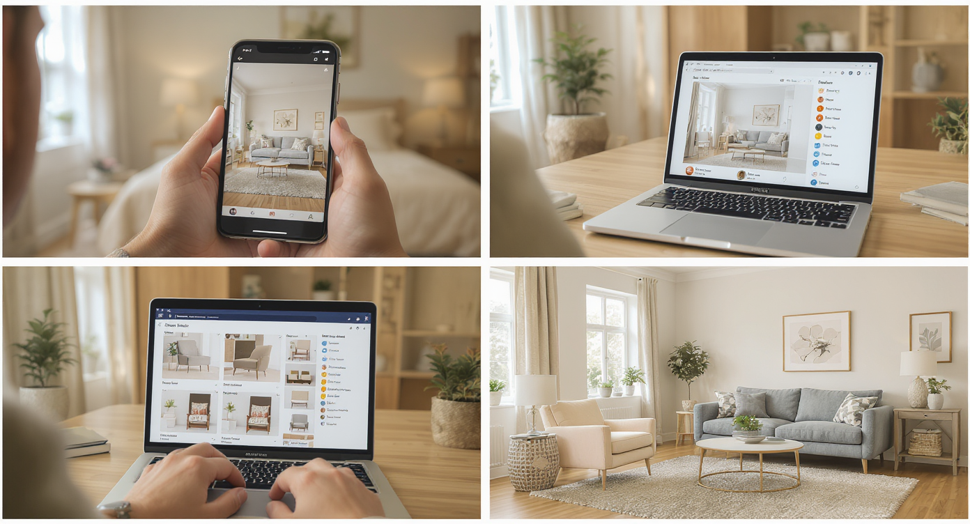 Collage of taking room photo, uploading to AI, selecting furniture swaps, and viewing realistic final room rendering indoors.