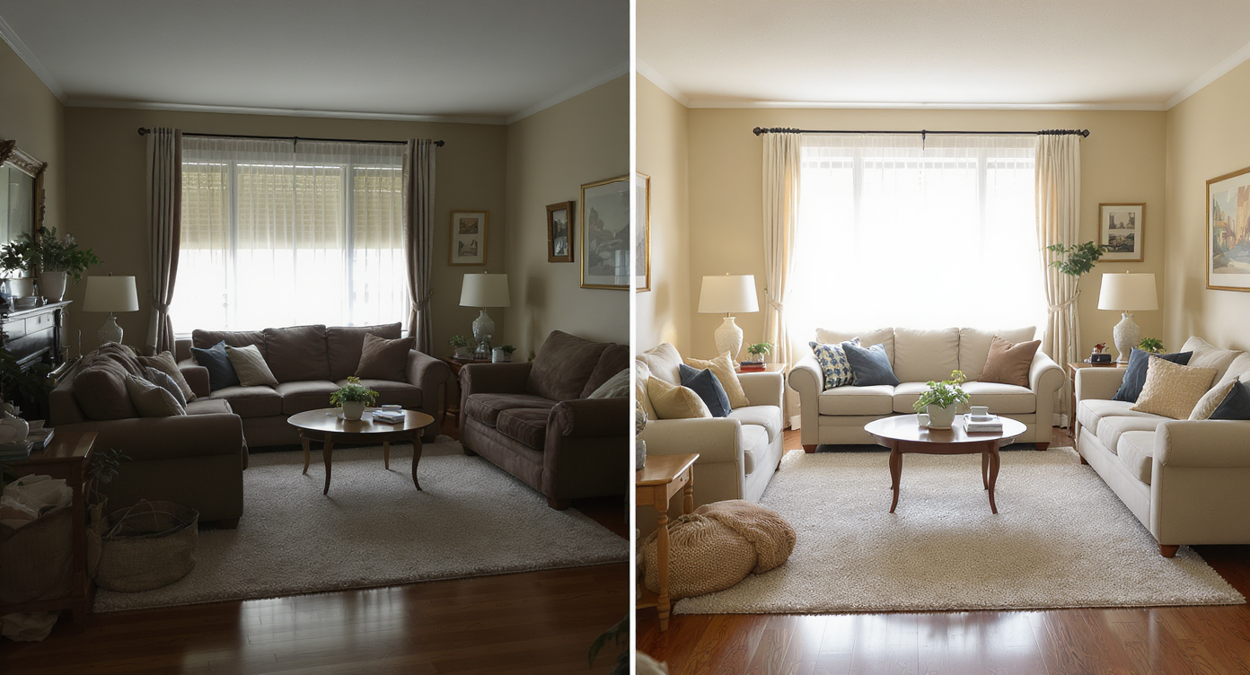 Living room showing wrong scale bulky sofa and small rug next to a balanced, well-scaled furniture arrangement in natural light.