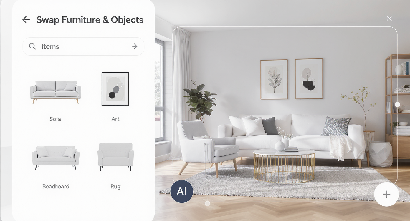 User-friendly AI interface showing room photo with selectable furniture swaps and preview options for sofa, art, and rugs.