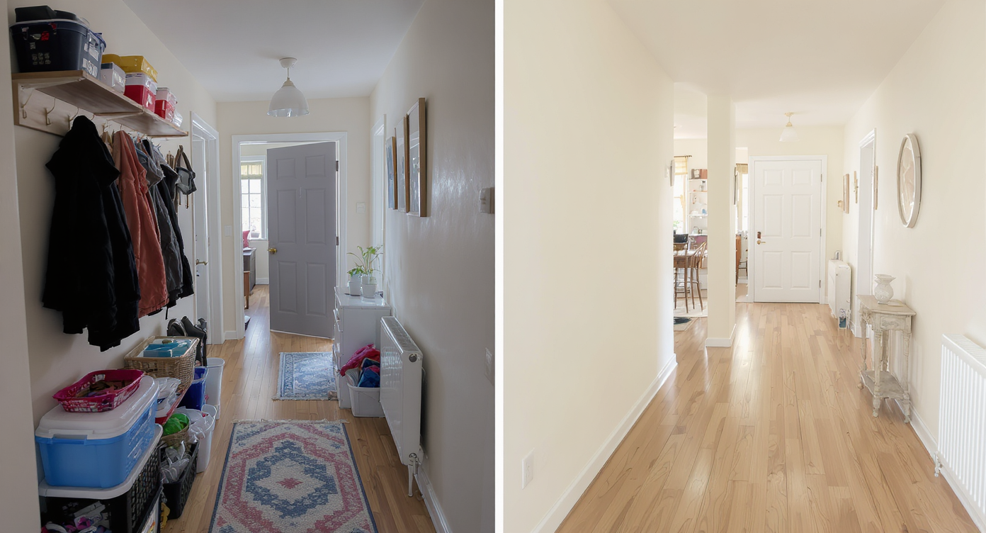 Split image: cluttered narrow hallway on left, digitally emptied hallway on right, showing clear floor and walls clearly.