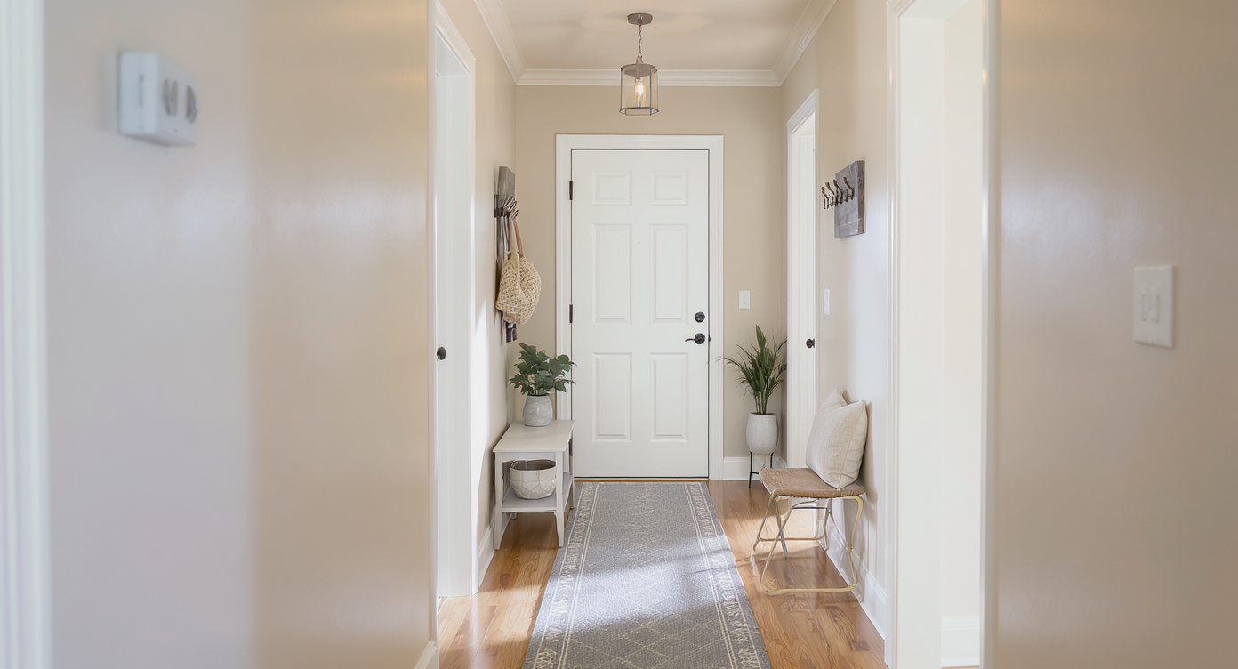 Narrow hallway with barrel ceiling staged minimally with slim runner, wall hooks, bench, and clear walking path under soft light.