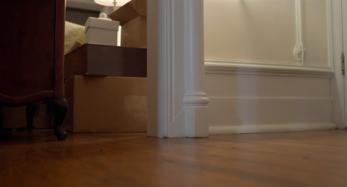 Hallway details partially hidden by clutter including hardwood floor, white trim, arches, and wall sconces under natural soft light.