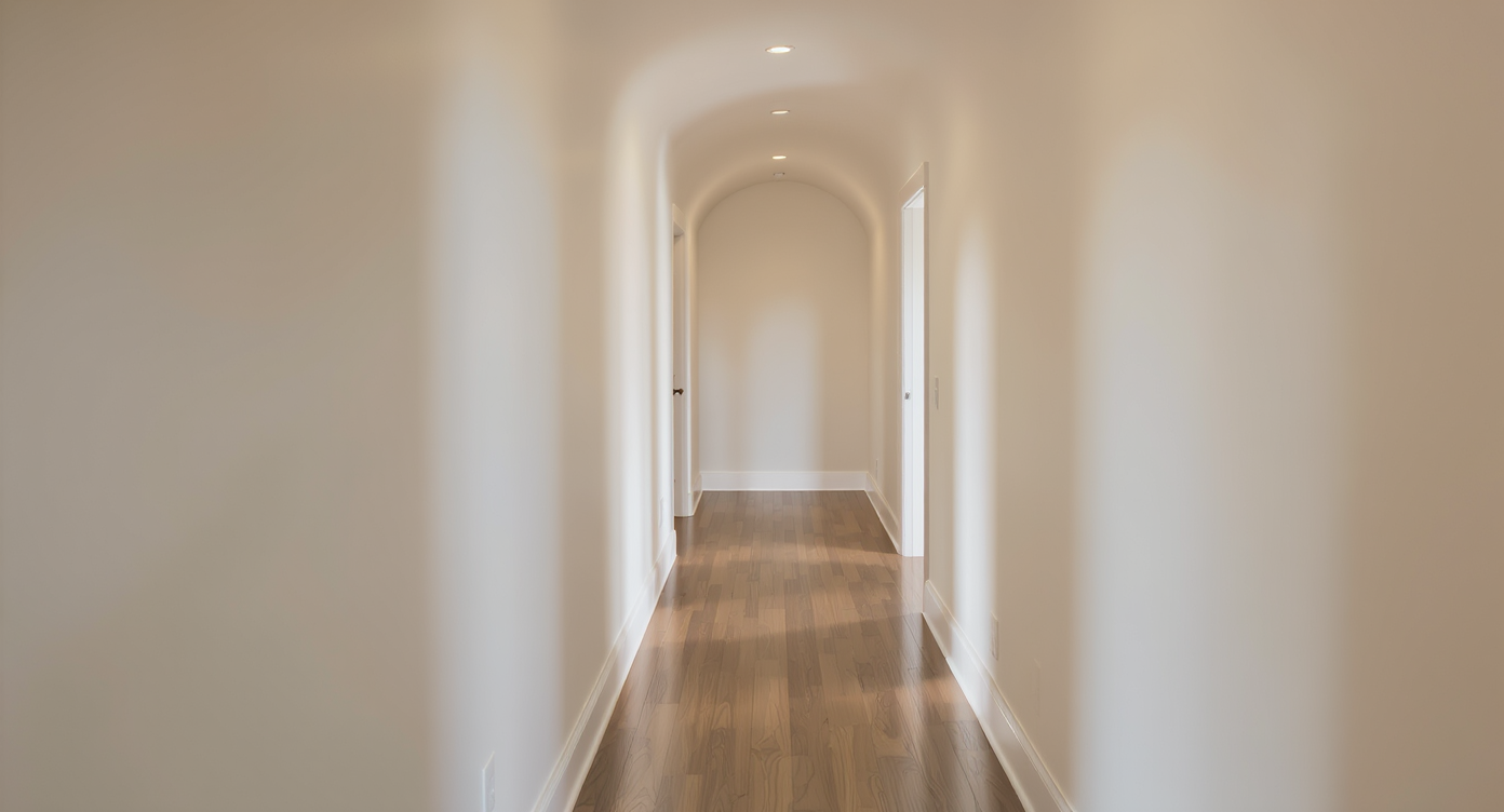 Empty narrow hallway with barrel ceiling, hardwood floor, white trim, and natural light conveying calm and space after clutter removal.