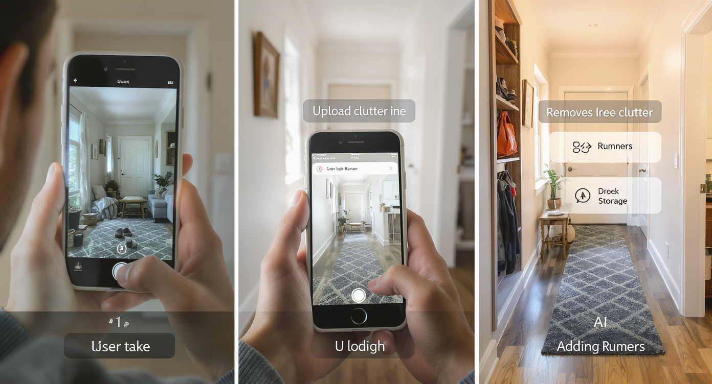Stepwise depiction of AI clutter removal: photo of cluttered hallway, uploading, digital clearing, and design option preview in home setting.