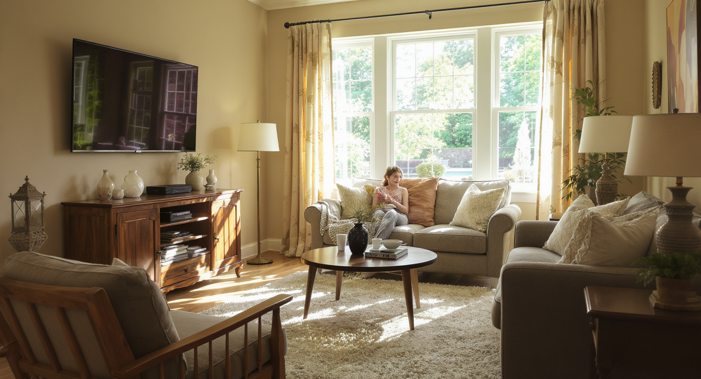 Living nook with digitally added furniture showing accurate perspective, shadow, and realistic materials alongside a person interacting naturally.
