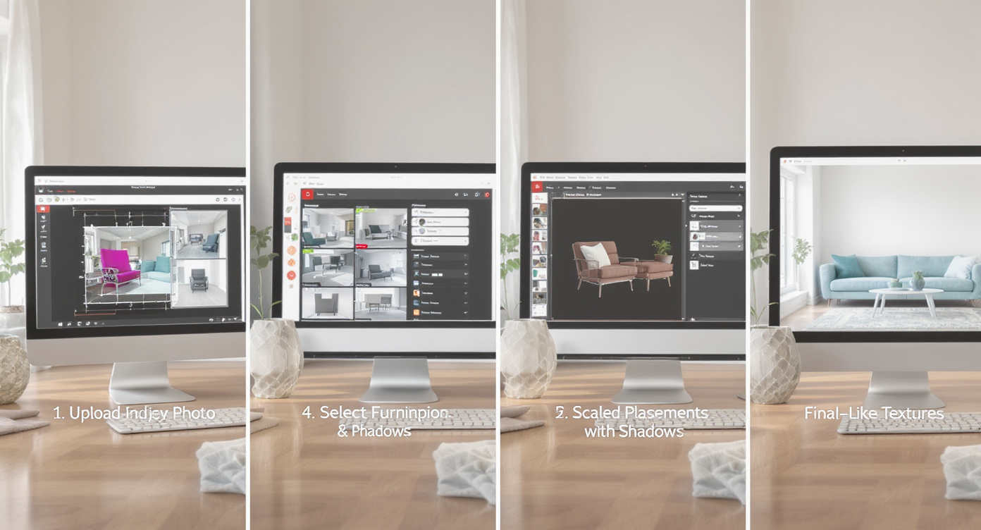 Four-stage visual showing AI furniture swapping steps on a neutral bright room: upload, select, preview scaled placement, final staging.