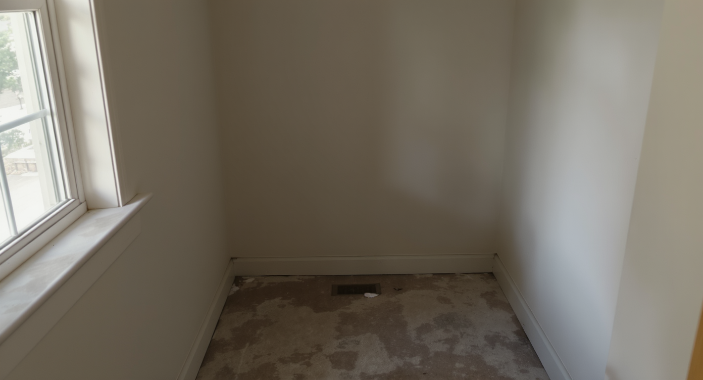 Dimly lit, unused small nook in a home with plain walls and worn flooring, showing neglect and undefined space.