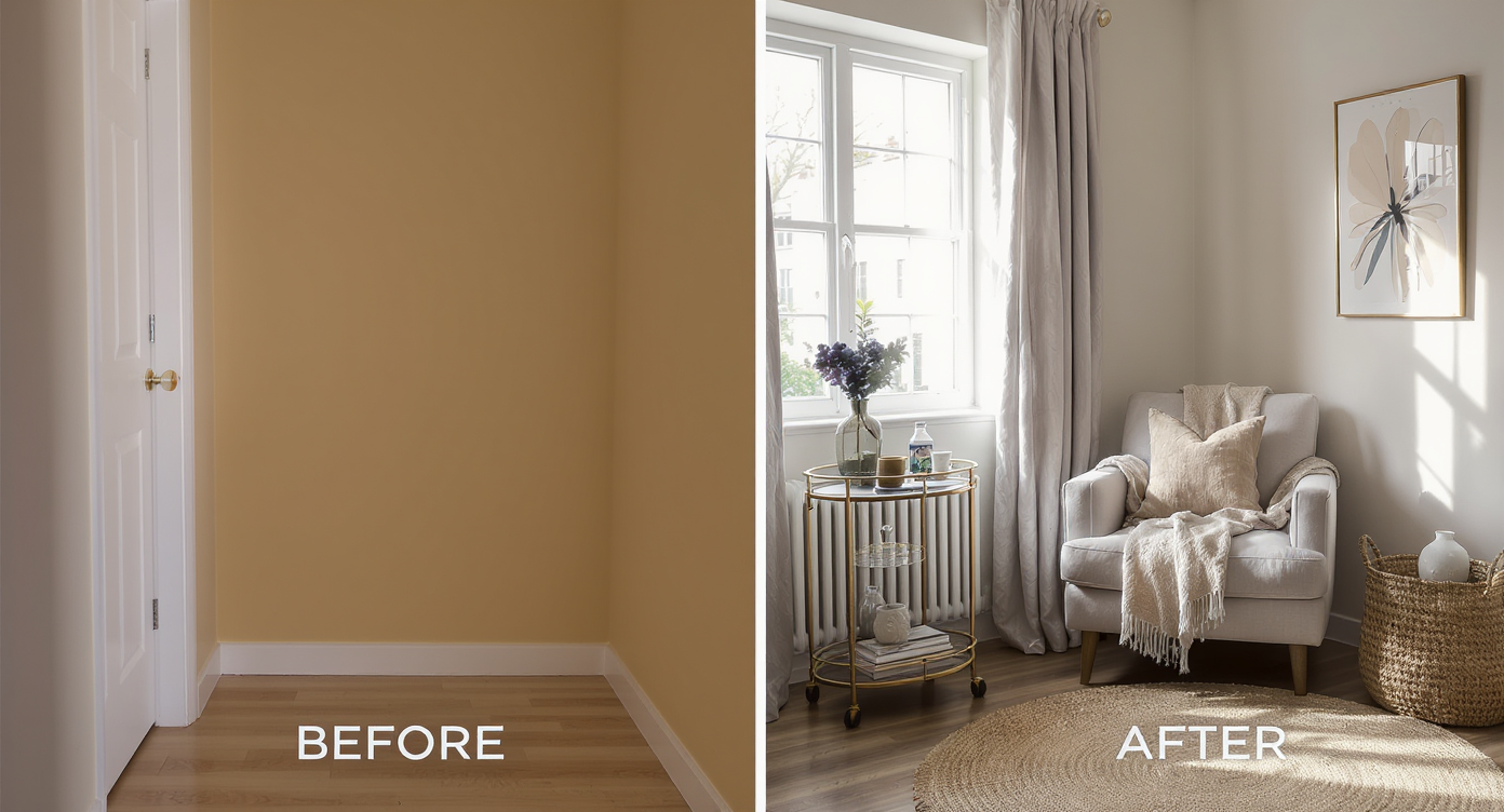 Split image of an empty hallway corner and the same space furnished with a bar cart and armchair, showing before and after digital furniture replacement.