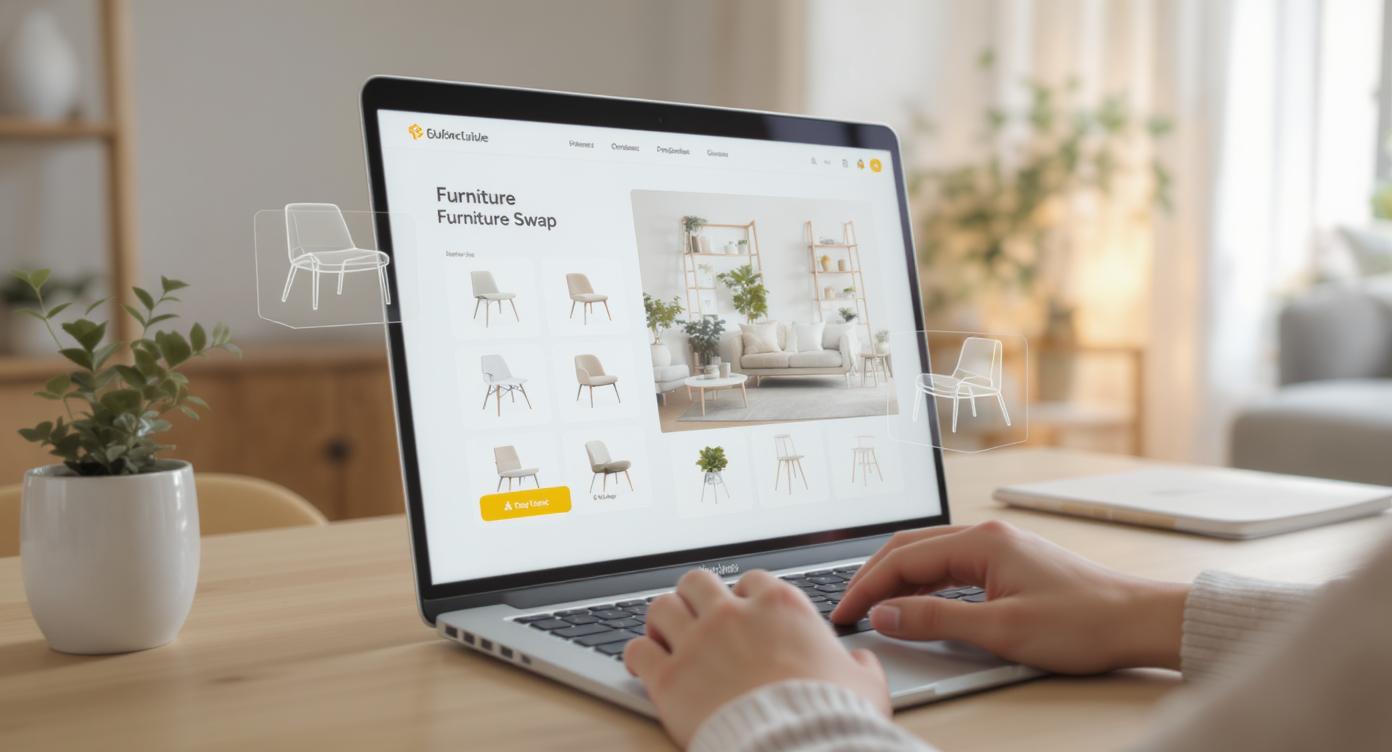 Home office scene with a laptop showing digital furniture swapping, surrounded by floating furniture images and soft natural light.