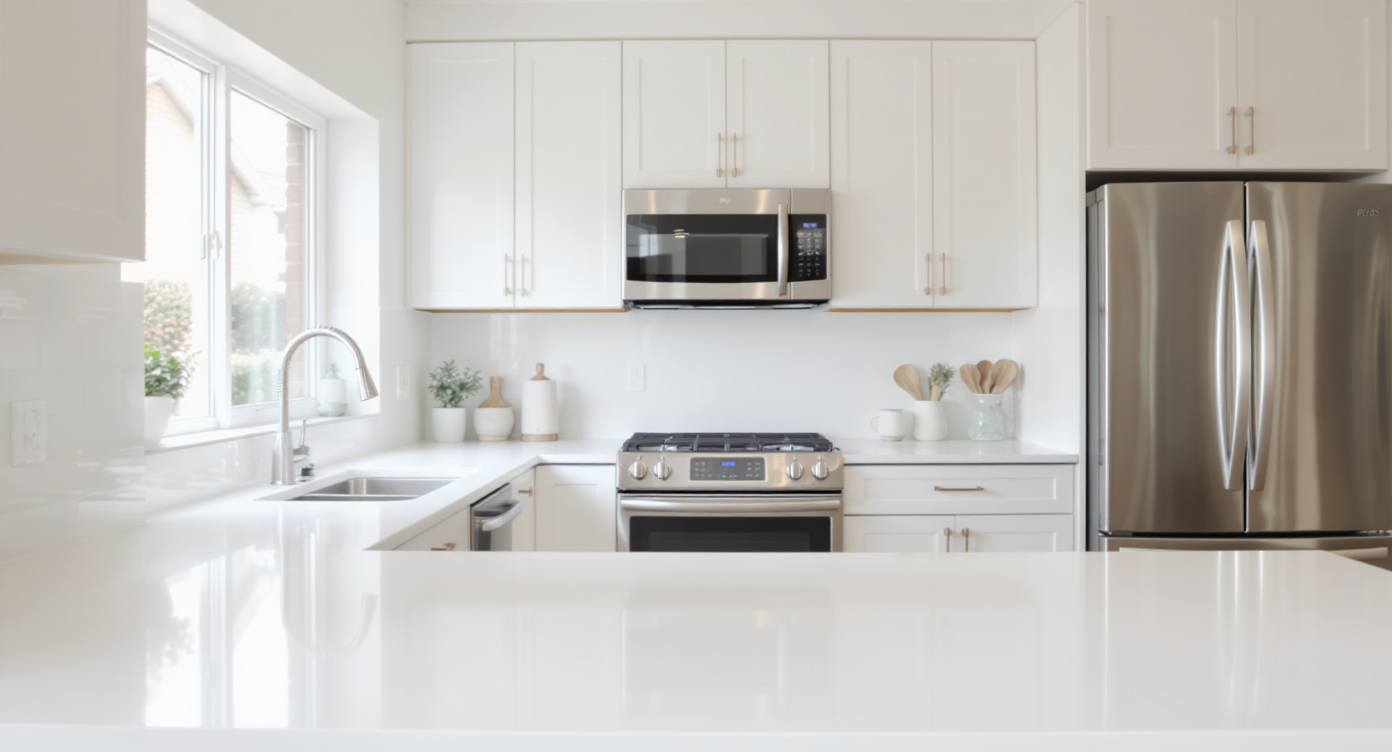 Modern kitchen with neutral white cabinets, stainless appliances, and accurate color with corrected lighting and perspective.