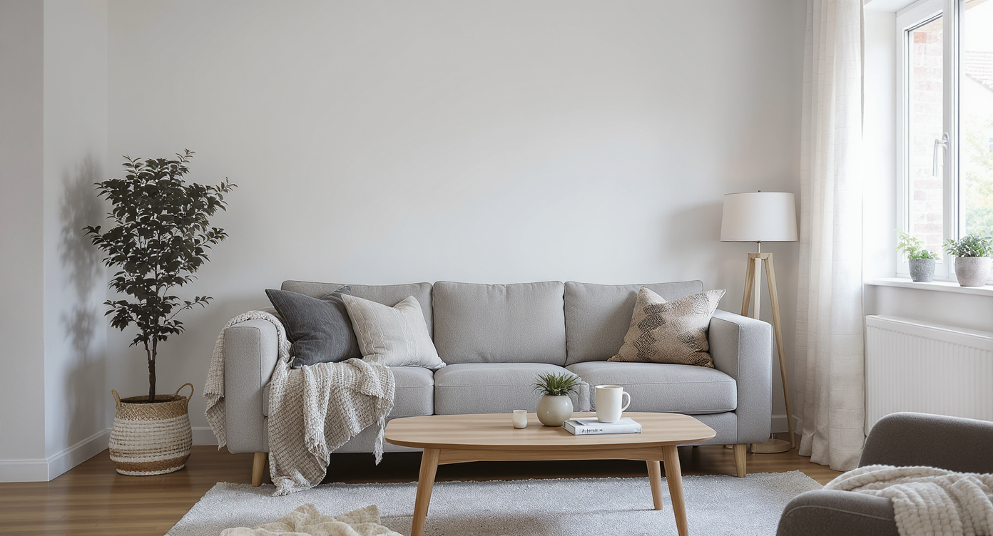Clutter-free living room with gray sofa, wooden table, and natural daylight emphasizing textures and colors.