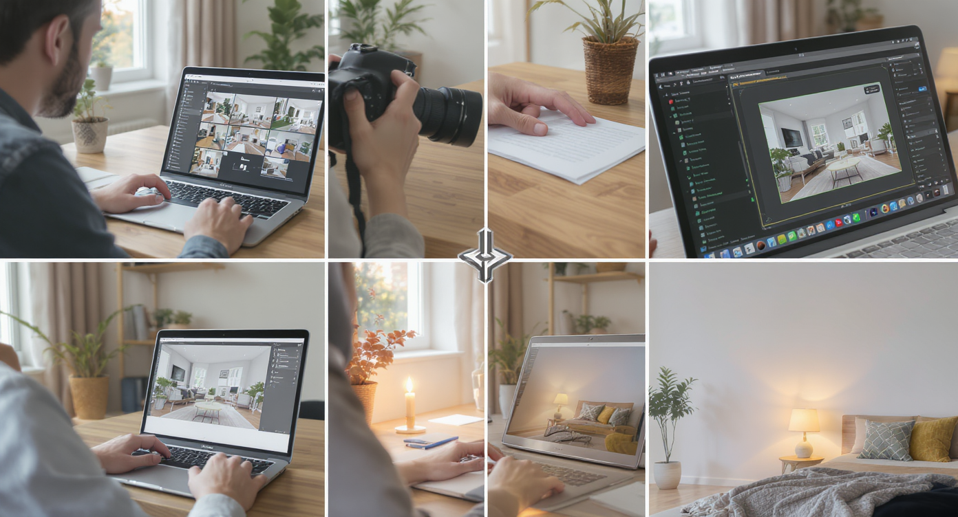 Collage of photographer selecting photos, editing software adjusting brightness, and exporting enhanced real estate images.