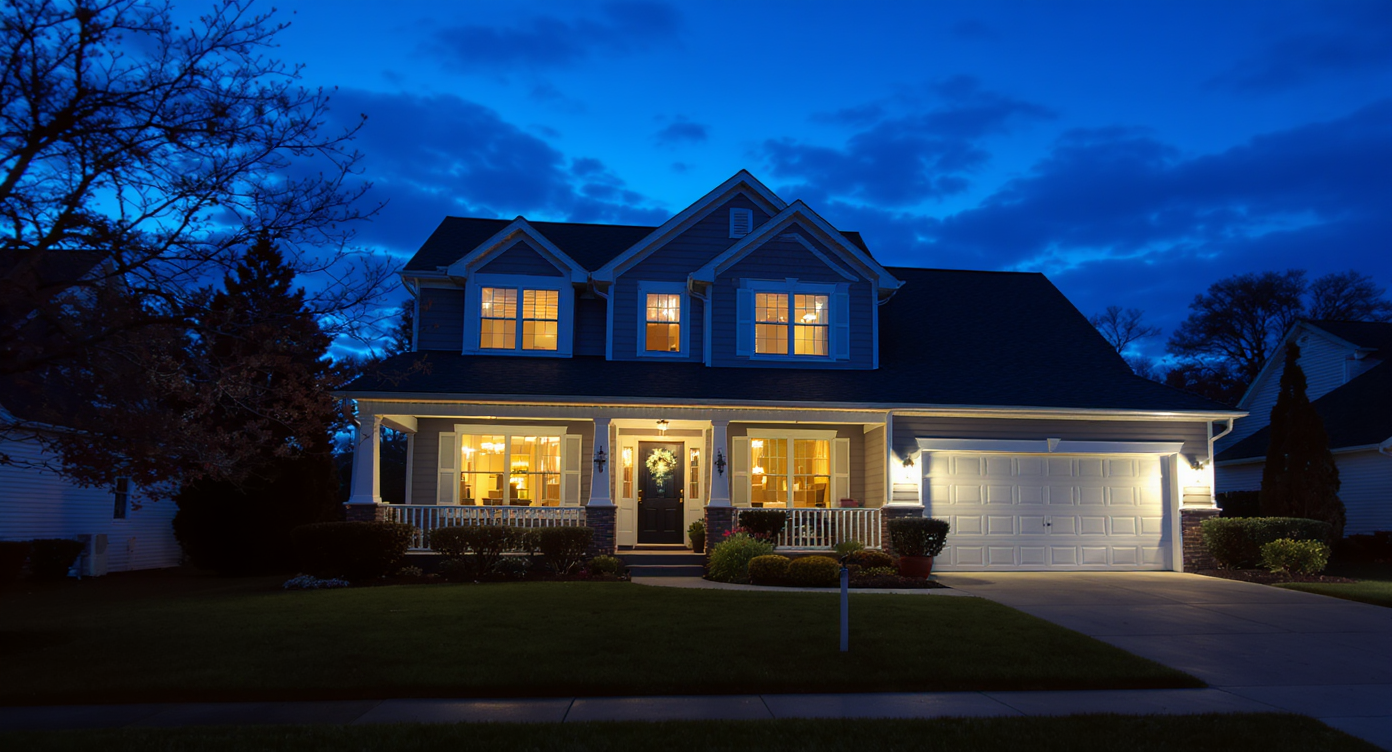 Twilight suburban home photo with warm interior lights, straight lines, and natural exterior colors.