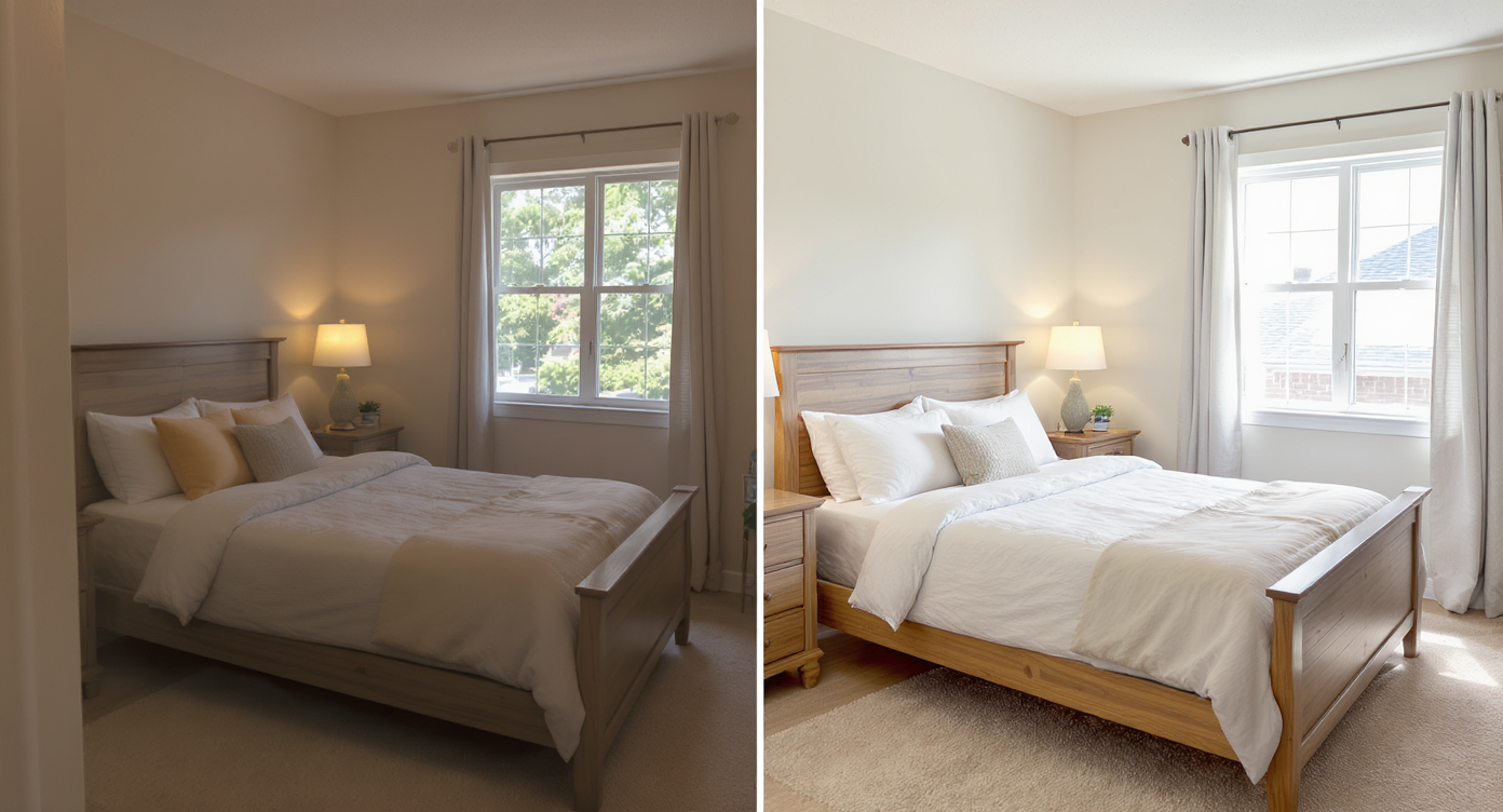 Split image of bedroom showing before (dim, tilted) and after (bright, straight) image enhancement effects.