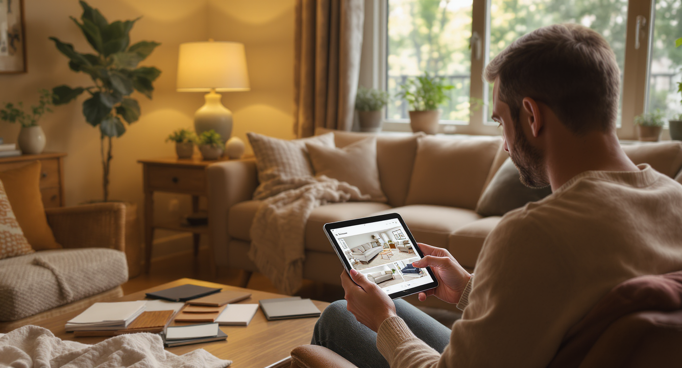 Homeowner using a tablet to preview various realistic furniture options digitally placed in their living room photo.