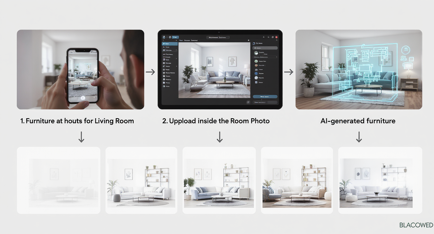 Step-by-step visual guide of using Add Anything app from photo capture to AI furniture placement and design iteration.