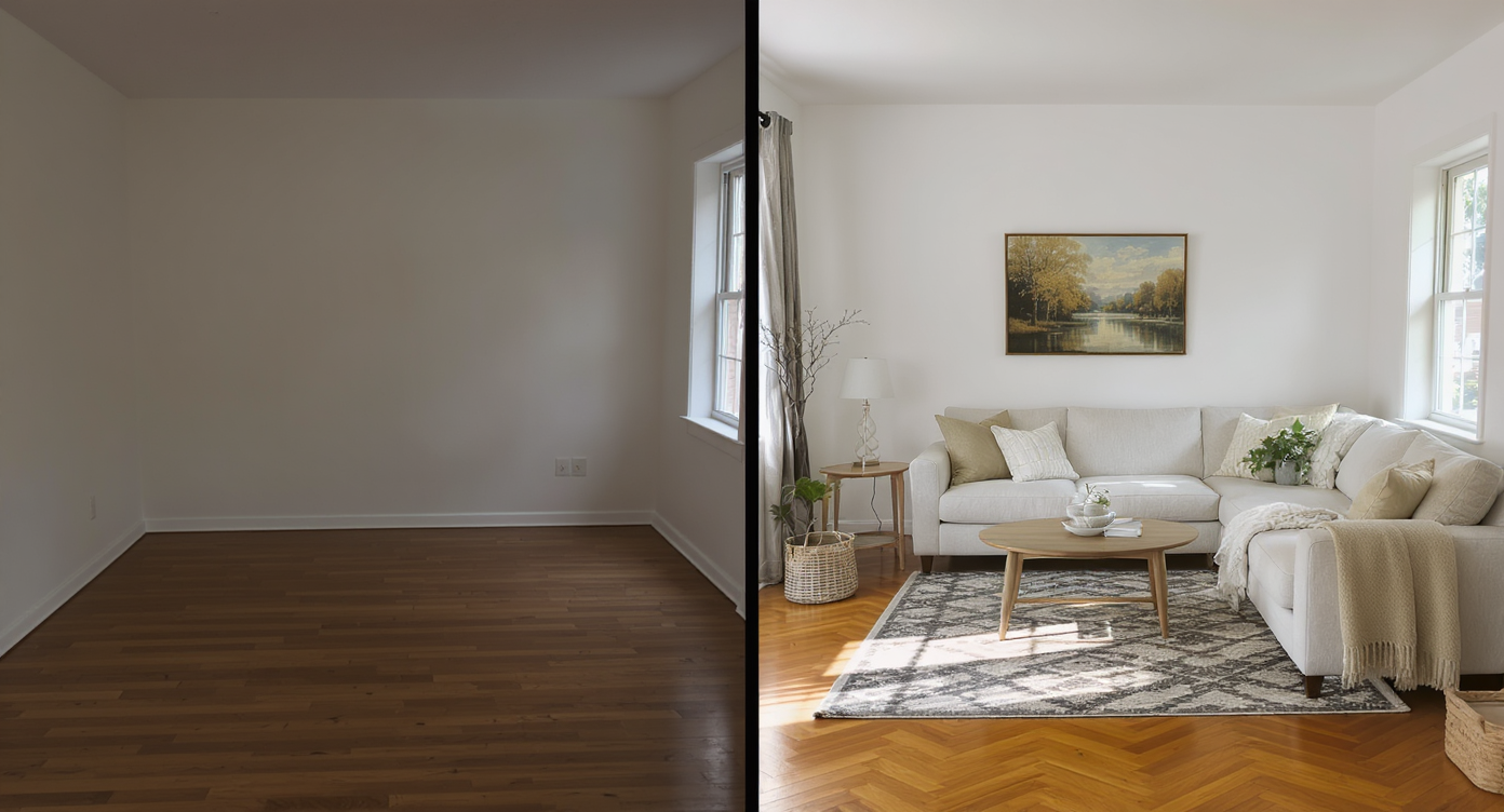 Side-by-side view of empty versus furnished room highlighting how empty rooms feel smaller and less inviting.
