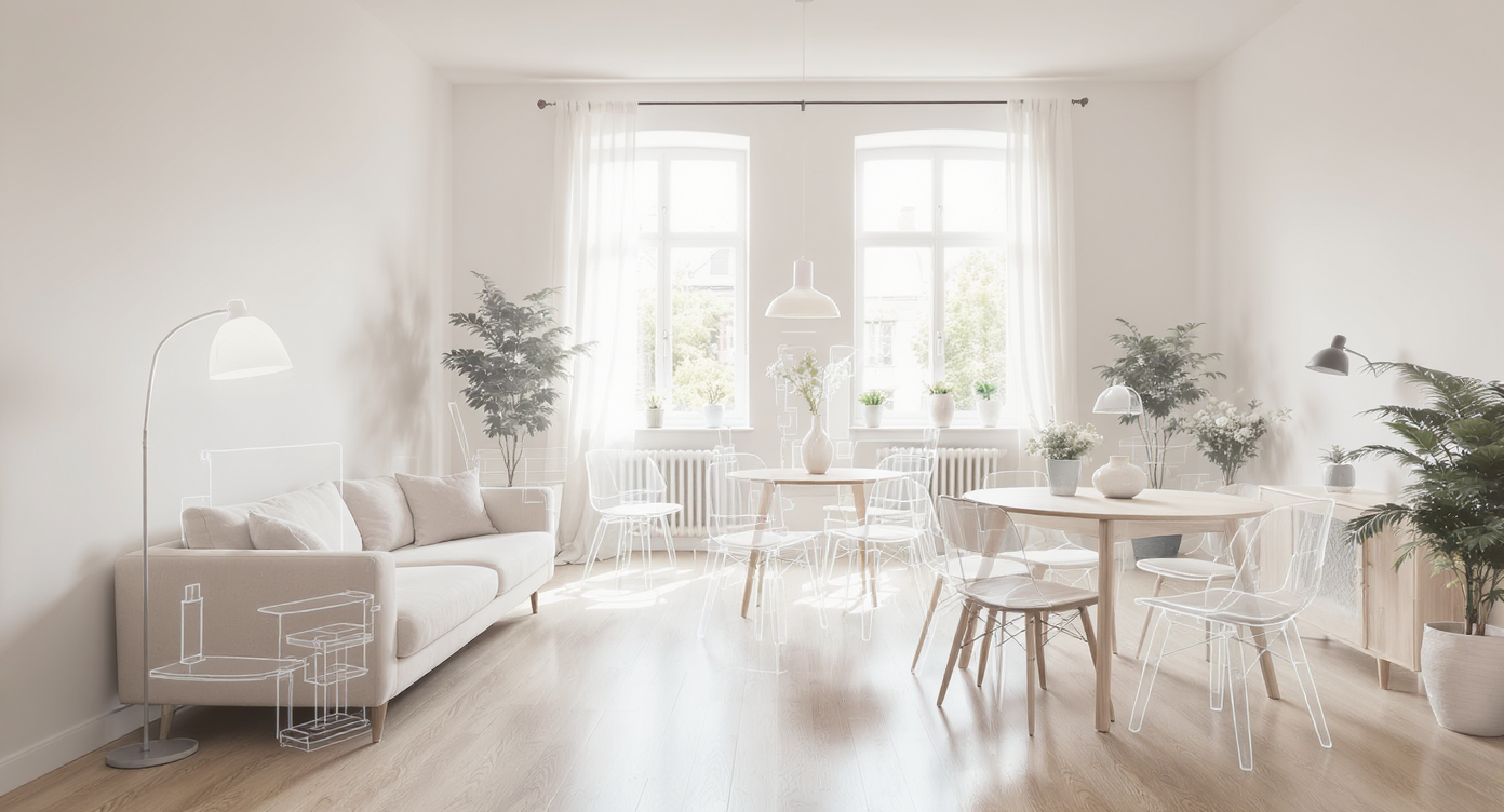 Empty room with large windows showing layered digital furniture models placed realistically in space.