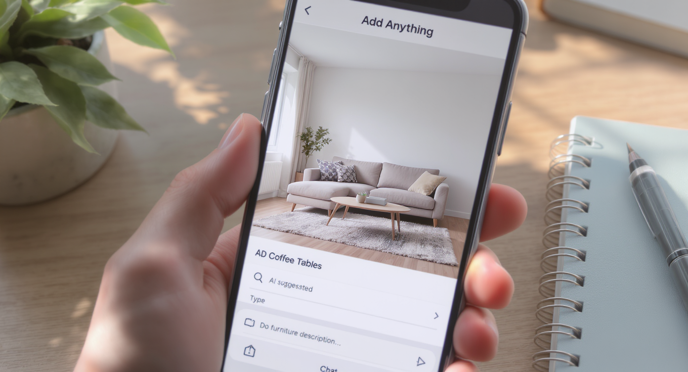 Smartphone screen showing Add Anything app placing realistic digital furniture into an uploaded room photo.