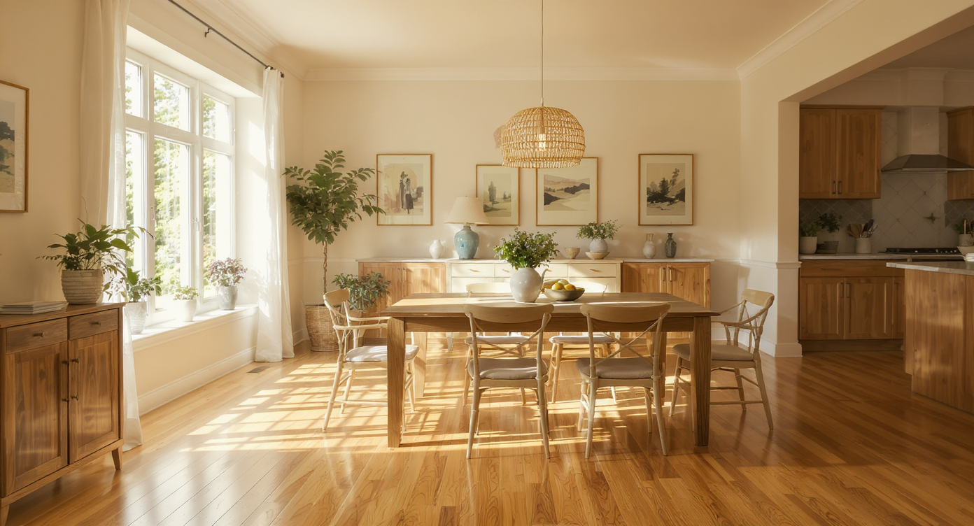Sunlit dining area with warm wood textures, natural shadows, and balanced color tones illustrating natural photo enhancement.
