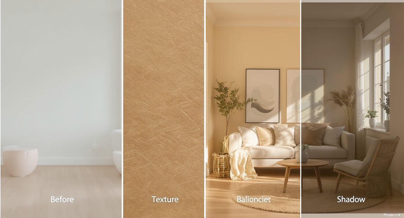 Storyboard style sequence illustrating stages of realistic photo enhancement leading to a natural and textured room photo.