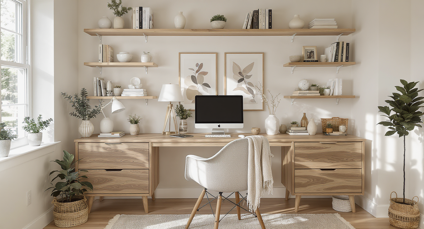 Neat home office with textured fabrics, wooden furniture, and natural shadows showcasing realistic photo editing tips.