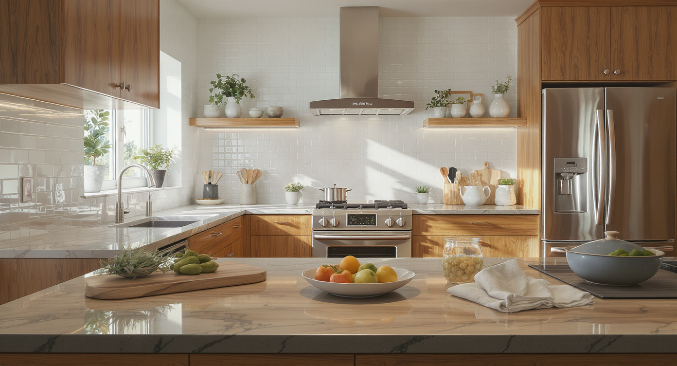Mid-century modern kitchen with clear polished surfaces, natural wood grain, and soft window shadows showing realistic enhancement.