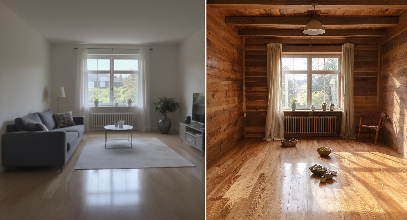 Split image of a room showing dull, flat lighting on one side and a richly textured, natural look on the other.