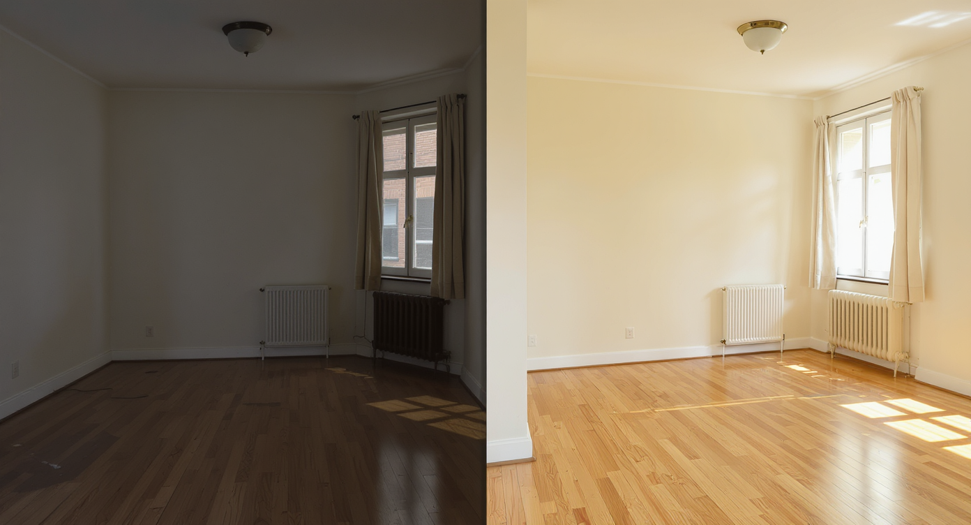 Split image of a vacant room showing poor dull lighting and enhanced natural, well-lit version with balanced colors and contrast.