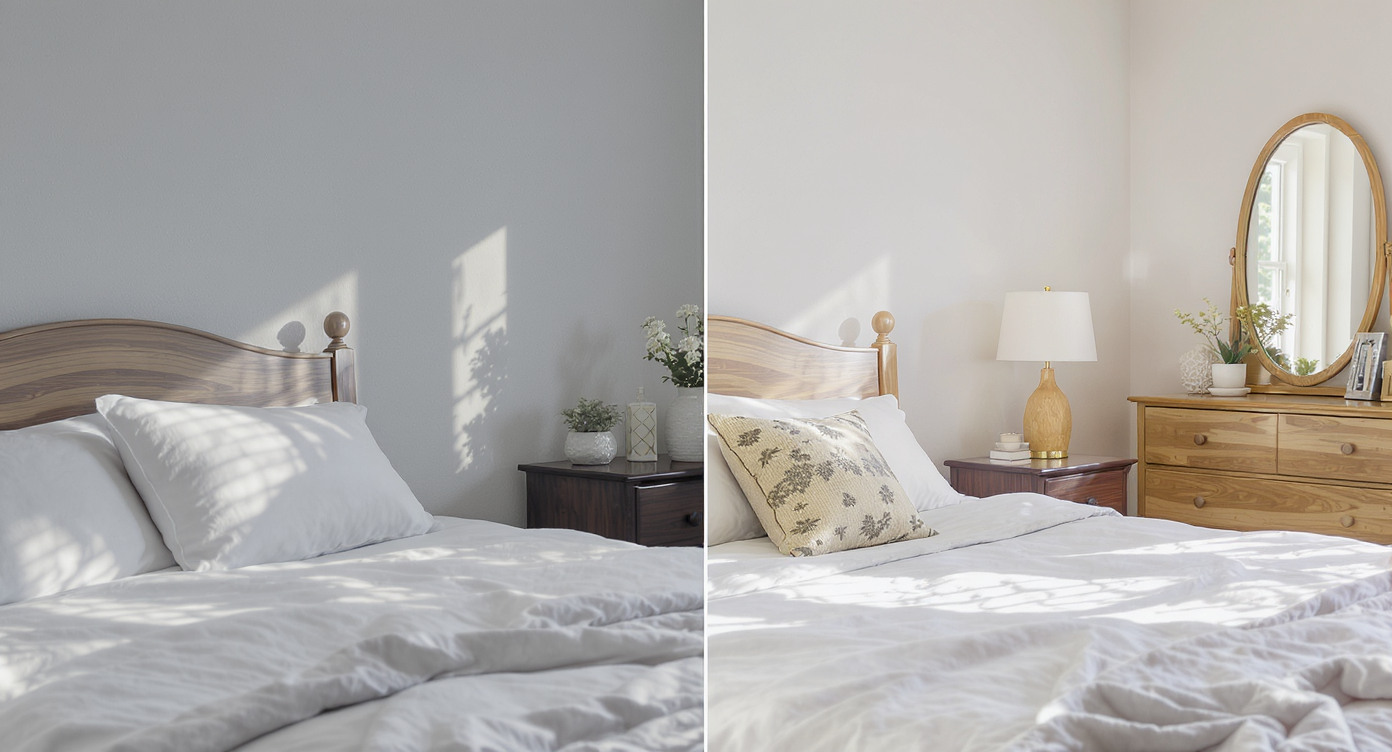 Before and after comparison of a bedroom showing improved exposure, white balance, and natural lighting after image enhancement.