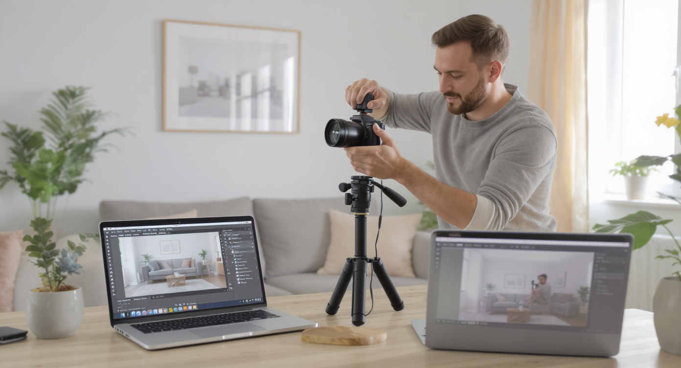 Real estate photographer with camera and laptop showing before and after image enhancement in a modern, neutral-toned living room.