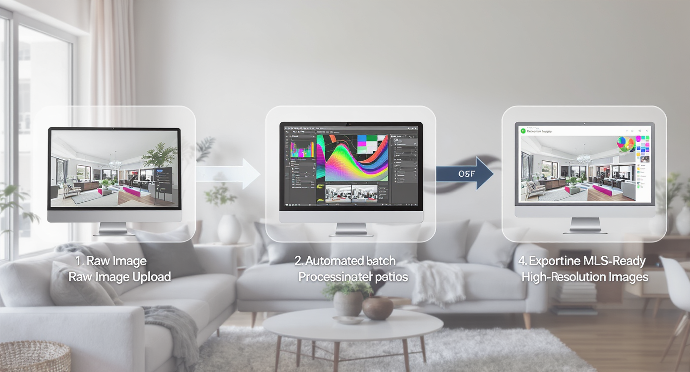 Graphic showing steps of image enhancement process overlaid on a bright, modern living room with natural tones and lighting.