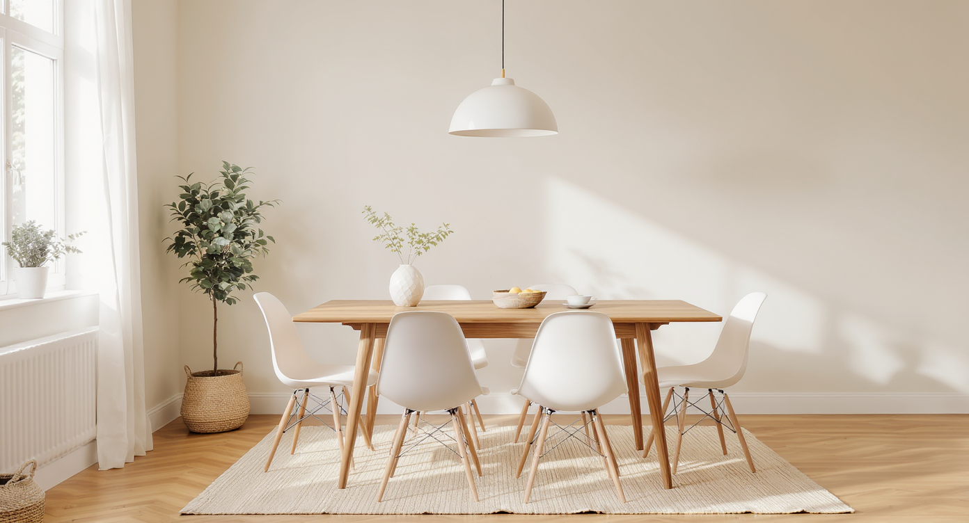 Bright dining room with mid-century wood table, white chairs, beige walls, and balanced natural lighting.