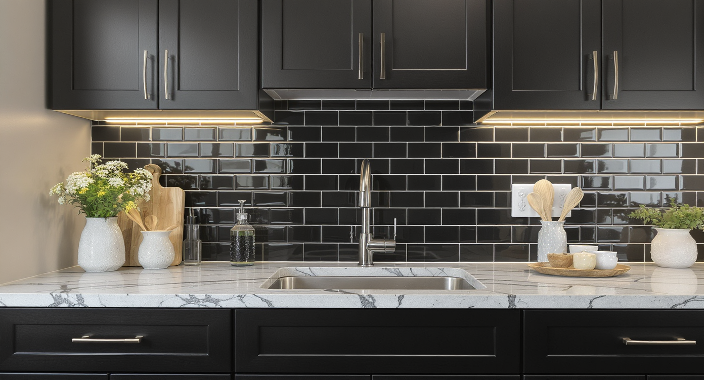 Stylish kitchen with dark cabinets, light veined stone counters, white tile backsplash with contrast grout, and soft accent lighting.
