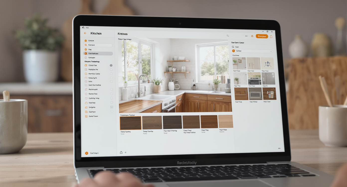 Laptop showing a kitchen photo with AI tools offering countertop and cabinet finish change options for surface restyling.