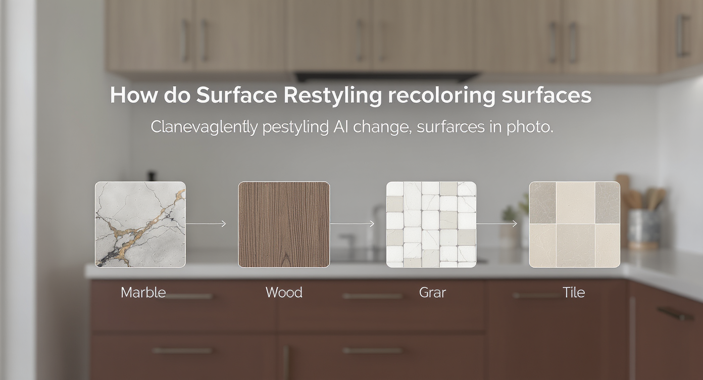 Kitchen with floating texture swatches including marble, wood, and tile linked to surfaces showing AI recoloring process.