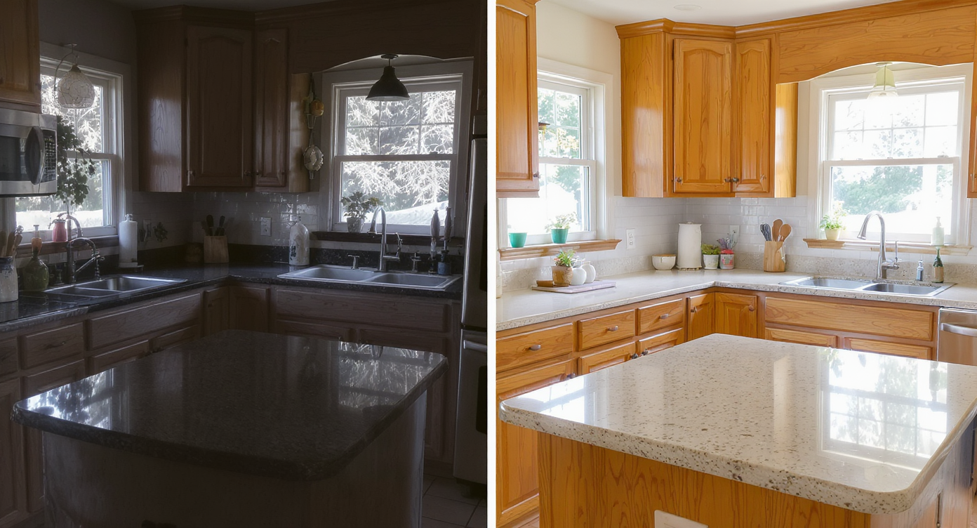 Split-screen kitchen image showing unattractive dark finishes versus well-coordinated light counters and warm wood cabinets.
