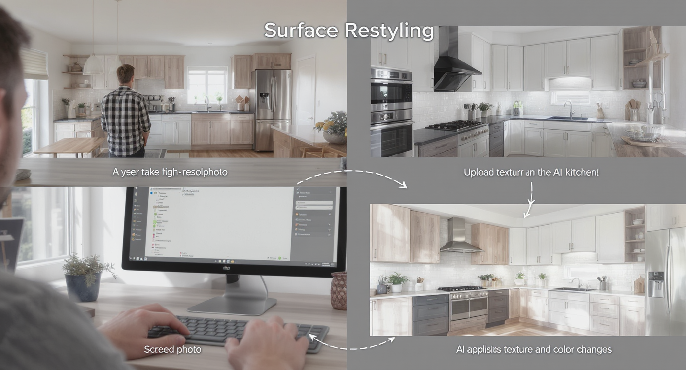 Photo sequence showing taking kitchen picture, uploading for AI restyling, AI editing interface, and before/after comparisons.